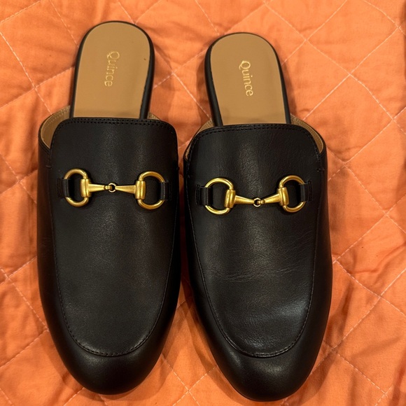 Quince Shoes - Quince Black Leather Mules with Gold Accents
